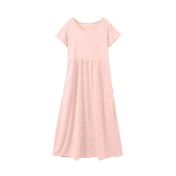 MEZZALL Kids Solid Color Dresses Round Neck Short Sleeve Casual Comfortable Pocket Long Dress 11-12 Years Comfort Kids Sundress