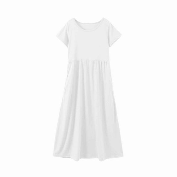 MEZZALL Kids Solid Color Dresses Round Neck Short Sleeve Casual Comfortable Pocket Long Dress 6-7 Years Breathable Kids Sundress