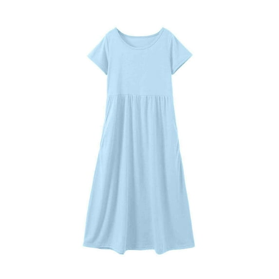 MEZZALL Kids Solid Color Round Neck Short Sleeve Casual Comfortable Pocket Long Dress Relaxed Fit Toddler Wear