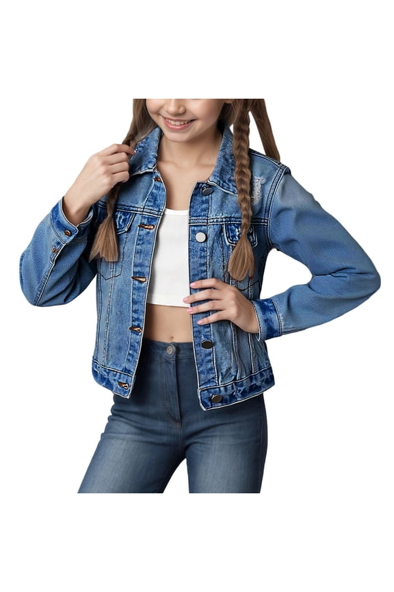 Kids Stylish Distressed Denim Jacket Long Sleeve Girls With Notched Collar Outerwear For Girls And Preteen Casual Coat Solid Color Trendy Child Clothes