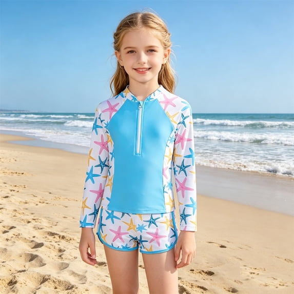 MEZZALL Kids Swimsuit Girls Swimwear Two Piece Long Sleeve O-Neck Rash Guard Tops Tween With Swim Cap And Divesuit Lightweight Beach Suits Swimwear Activities Comfort Summer Starfish Print Beachwear