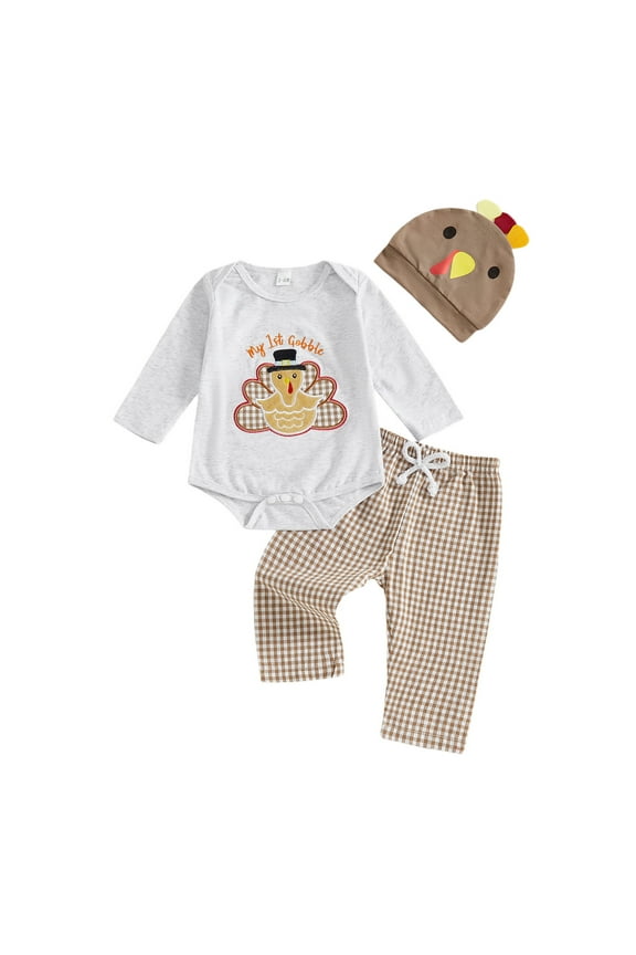 Kids Thanksgiving Baby Boy Outfits Fall Turkey Applique Long Sleeve Jumpsuit Plaid Pants Hat For Toddler Autumn Photoshoot Solid Color Birthday Child One-Pieces