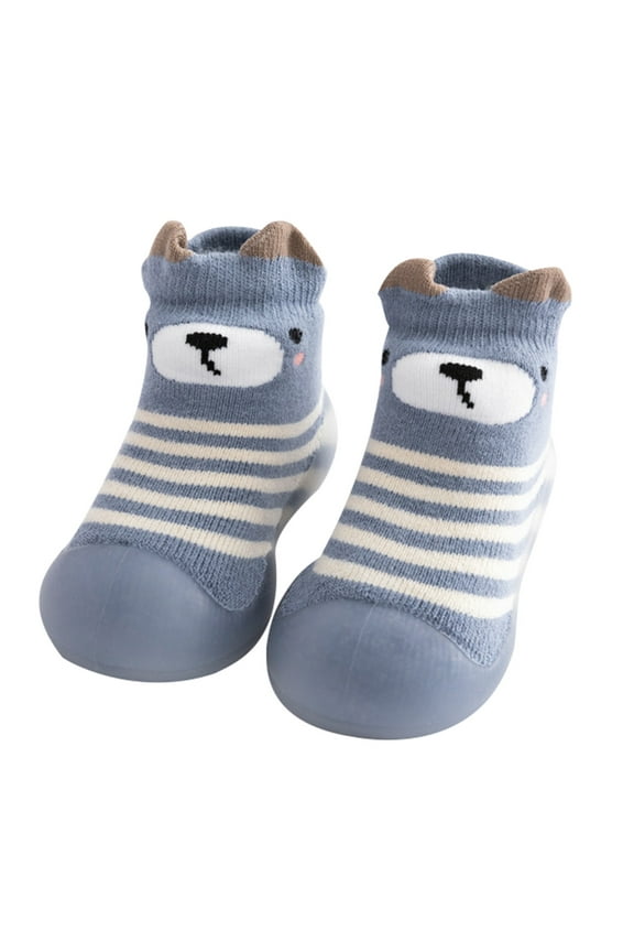 Kids Toddler Baby Boys Girls Cartoon Striped Warm Knit Soft Sole Rubber Shoes Socks Slipper Stocking Leisure Child Footwear