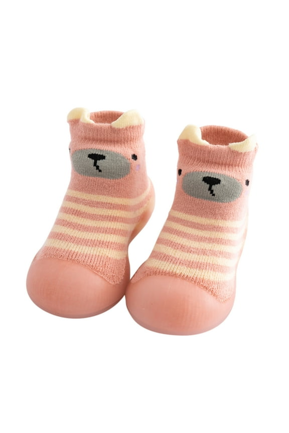 Kids Toddler Baby Boys Girls Cartoon Striped Warm Knit Soft Sole Rubber Shoes Socks Slipper Stocking Trendy Child Footwear