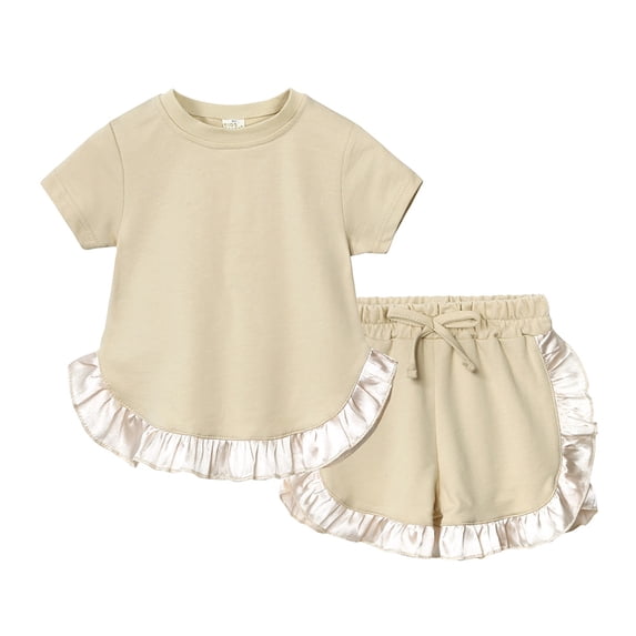 MEZZALL Kids Toddler Baby Girls Spring Summer Solid Color Short Sleeve Tshirt Ruffle Shorts Tracksuit Outfits Clothes Set Relaxed Fit Baby Wear 12-24M