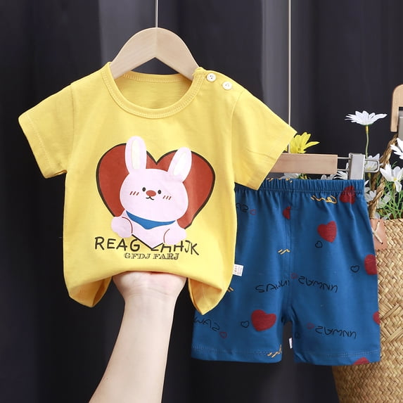 MEZZALL Kids Toddler Boys Summer Clothes Sweet Cartoon Prints Short Sleeve T Shirt Tops Floral Prints Shorts 2Pcs Night Breathable O-Neck Pajamas Sets