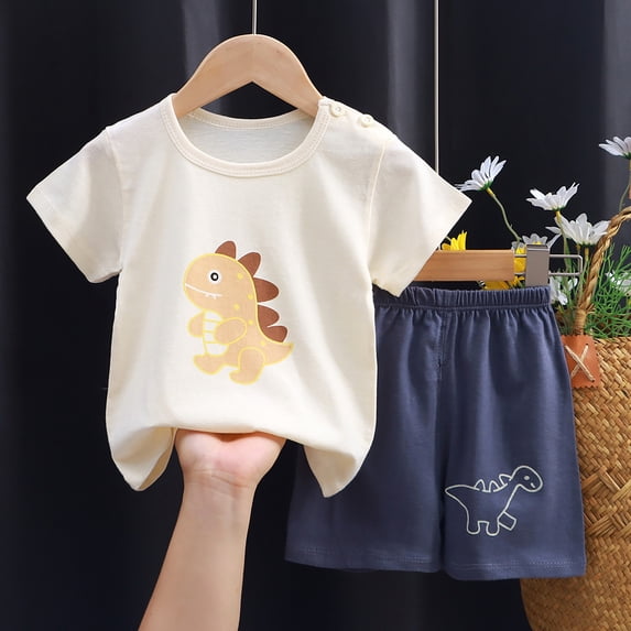 MEZZALL Kids Toddler Boys Summer Clothes Sweet Cartoon Prints Short Sleeve T Shirt Tops Floral Prints Shorts 2Pcs Night Stylish O-Neck Pajamas Sets