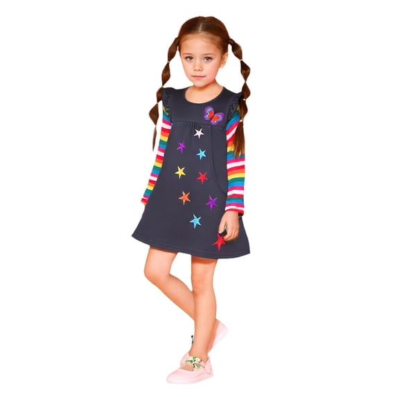 MEZZALL Kids Toddler Girl Long Sleeve Star Embroidered Spring Autumn Rainbow Sleeve Two Pocket A-Line Dress Breathable Baby Sundress