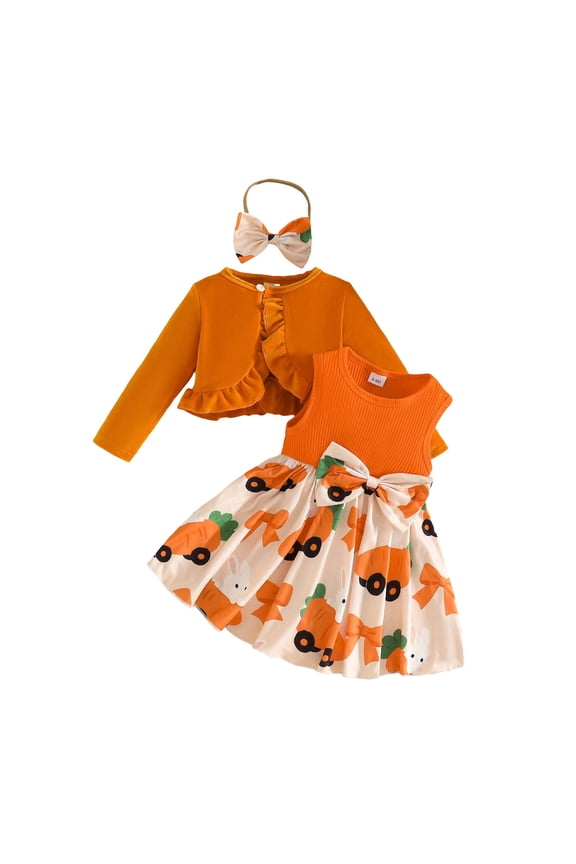 Kids Toddler Girls Easter Rabbit Prints Dress Long Sleeve Ruffles Coat Tops Headbands Outfits Leisure Children Fashion Clothes Sets