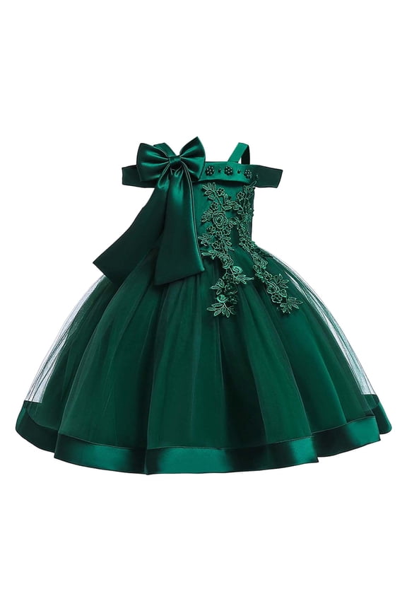 Little Girls Off Shoulder Bow Evening Gown Princess Pageant Dress For Birthday Parties & Stage Performances Stylish Toddler Baby Wear 5-6Y