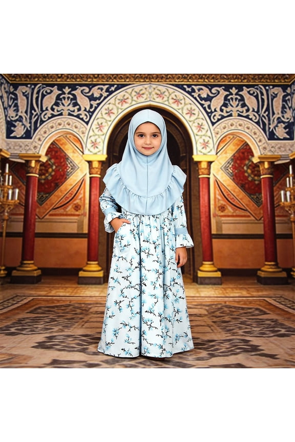 Long Sleeve Floral Print Girls Dress Outfits With Matching Hijab Scarf Abaya Party Wear Cozy Party Clothing Sets