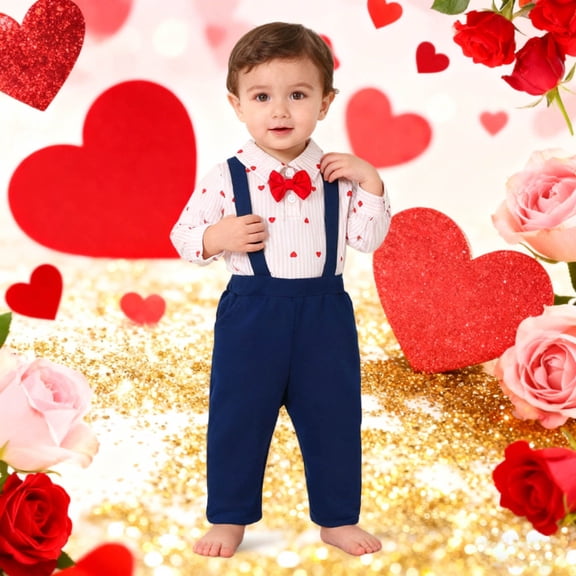 MEZZALL Love Heart Baby Boy Outfits Cute Striped Suspenders Bodysuit With Long Pants Toddler Dressy Romper Jumpsuit Soft Formal Casual Wear For Photo Comfort Clothing Sets
