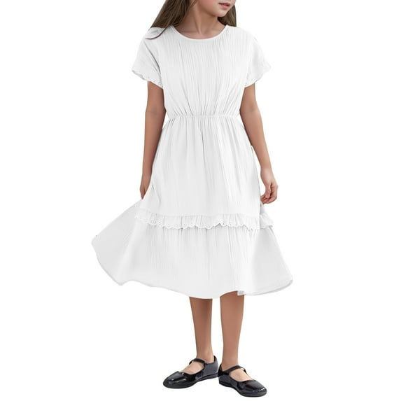 MEZZALL Medium And Large Children Short Sleeved Summer Solid Color Princess Dress Lace Semi Formal Dress Comfort Toddler Baby Wear 4-5Y