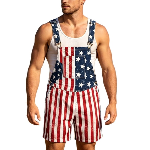 MEZZALL Men Bib Overall Shorts Patriotic Themed Jumpsuit With Adjustable Straps And Memorial Striped Stars Print For Independence Day Comfort Fit 4th of July Sleeveless Pockets Coveralls