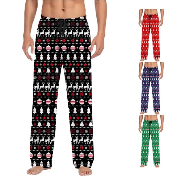 MEZZALL Men Christmas Print Jogger Loungewear Pants, Reindeer Xmas Tree Snowflake Pattern Drawstring Sleep Trousers, Holiday Casual Loose Pajama Bottoms