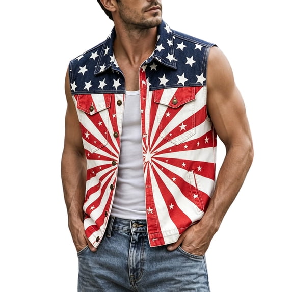 MEZZALL Men Summer Sleeveless Vest With Independence Day American Flag Print Lightweight Pufferless Vest With Pocket Outdoor Vest For Warm Weather 4th of July Button Jacket Fashion Outerwear