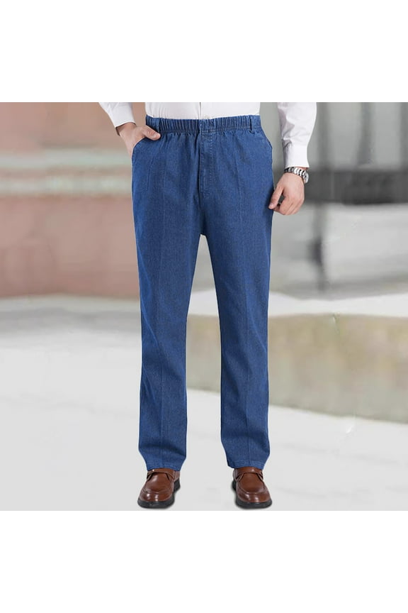 Men's Jeans High Waist Elasticated Waist Loose Stretch Deep Crotch Casual Style Denim Trousers Stylish Solid Color Daliy Slacks
