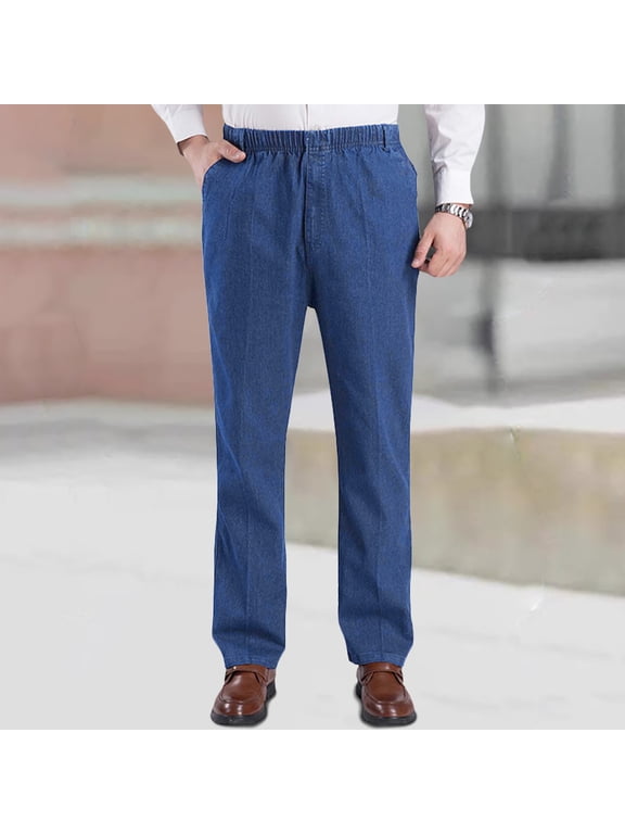 Men's Jeans High Waist Elasticated Waist Loose Stretch Deep Crotch Casual Style Denim Trousers Trendy Solid Color Daliy Slacks