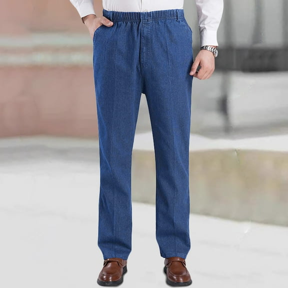 MEZZALL Men's Jeans High Waist Elasticated Waist Loose Stretch Deep Crotch Casual Style Denim Trousers Versatile Solid Color Daliy Slacks