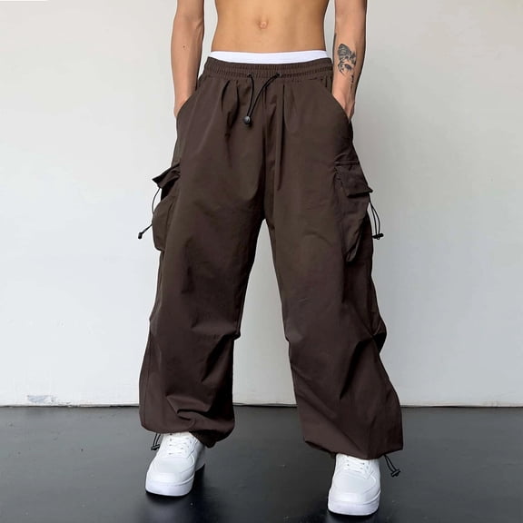 MEZZALL Mens Casual High Waist Sports Drawstring Woven Pocket Solid Color Pants Street Cargo Pants Relaxed Fit Daliy Slacks Trousers