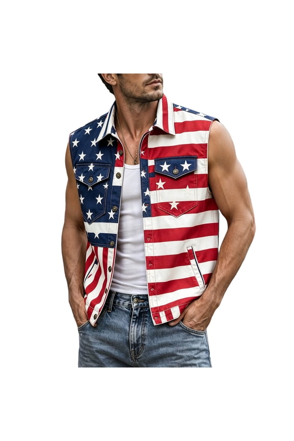 Mens Vest With Striped Pattern For Independence Day Celebration American Flag Print Lightweight Outerwear 4th of July Sleeveless Button Jacket Fashion Summer Outerwear