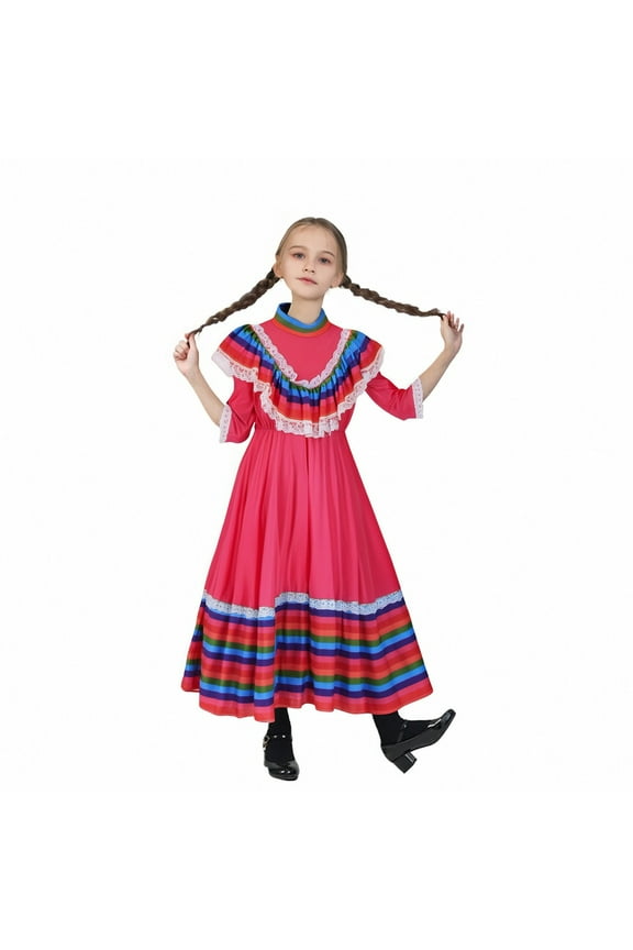 Mexican Girl Long Sleeve Multicolor Halloween Princess Dress O-Neck Dance Party Dresses Sundress Toddler Sundress Fashionable / 11-12 Years