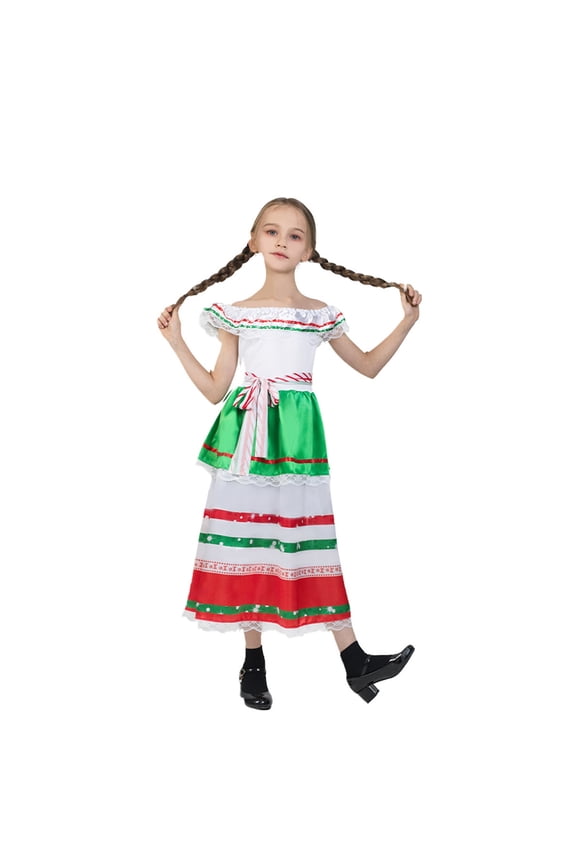 Mexican Girl Long Sleeve Multicolor Halloween Princess Dress O-Neck Dance Party Dresses Sundress Toddler Sundress Relaxed Fit / 10-12 Years