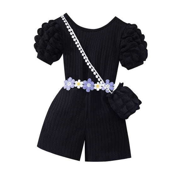 MEZZALL New Girls Casual 2PCS Outfits Sets Ribbed Cross Back Romper With Buble Sleeves & Bag Comfort Toddler Baby Wear 4-5Y