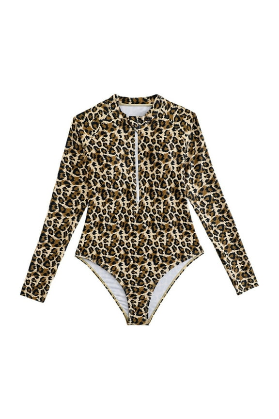 New Leopard Print Monokini Swimsuit Vacation Hawaii Beachwear For Girls Long Sleeve Kids Swimsuit Vacation Hawaii Beachwear, Khaki, 13-14 Years