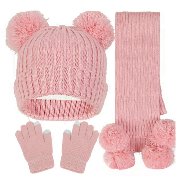 MEZZALL New Solid Color Jacquard Children Hat Scarf 3PCS Stock Double Hat Long Neck Warm Suit Relaxed Fit Toddler Dailywear, Light Pink, One Size