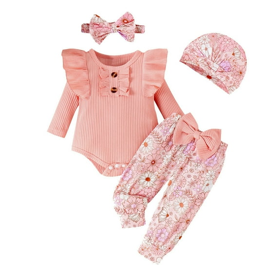MEZZALL Baby Boy Girl Outfits Long Sleeve Printing Print Pants Hat Headband 4Pcs Set Fall Clothes Set