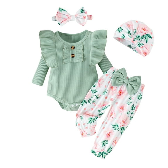 MEZZALL Newborn Baby Boy Girl Outfits Long Sleeve Printing Print Pants Hat Headband 4Pcs Set Fall Clothes Set