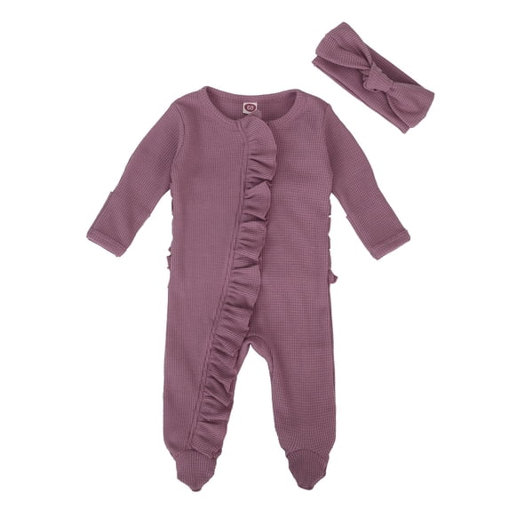 MEZZALL Baby Girls Boys Jumpsuit Spring Fall Clothes Knit Ruffle Footies Romper With Headband Outfits Cozy, 3-6 Months
