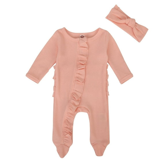 MEZZALL Baby Girls Boys Jumpsuit Spring Fall Clothes Knit Ruffle Footies Romper With Headband Outfits Cute, 0-3 Months