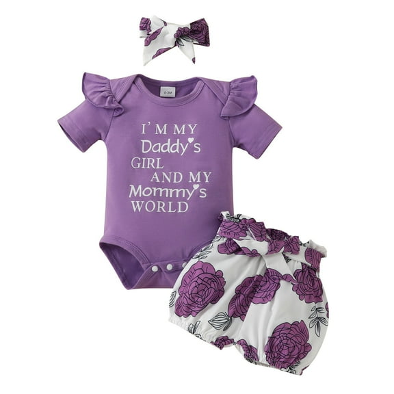MEZZALL Newborn Baby Girls Clothes Summer Outfits Short Sleeve Daddy Mama Saying Romper Floral Shorts Headband, Purple, 6-9 months