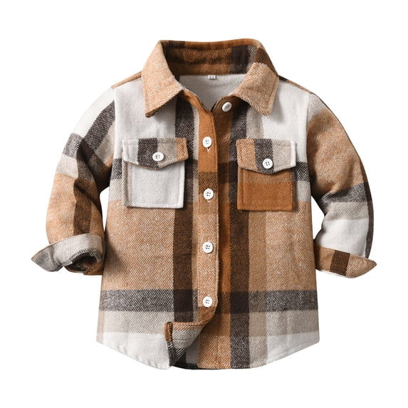 MEZZALL Boys Girls Shirt Coat Jacket Plaid Long Sleeve Kids Lapel Button Tops Outwear Breathable Dailywear, Coffee, 3-6 Months