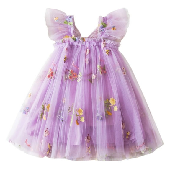 MEZZALL Newborn Girls Sleeveless Embroidered Flowers With Wing Tie Holiday Dress Dance Party Dresses Sundress Relaxed Fit Sundress, Purple, 6-12 Months
