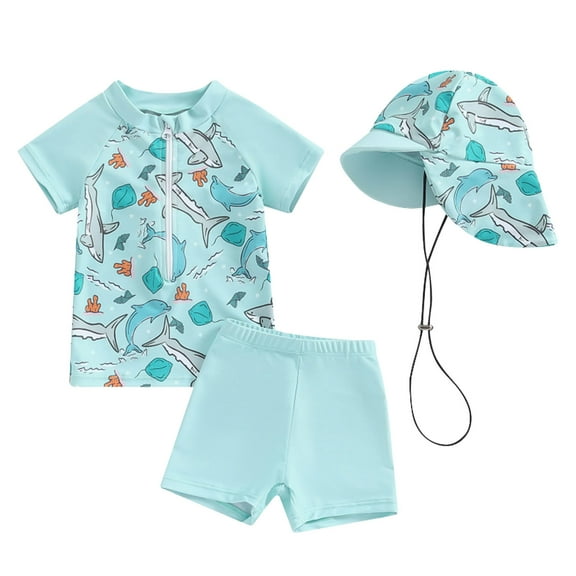 MEZZALL Swimsuit Boy 3 Piece Boys Swim Set Short Sleeve Boys Swim Shirt Boy Swim Trunks Rash Guard Bathing Suits Breathable Beachwear, Light Blue, 0-6 Months