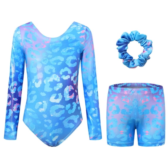 MEZZALL Outfit Sets Kids Girls Long Sleeve Performance Leotard With Glitter Print And Matching Shorts Hair Scrunchie For Dance Gymnastics Stage Adorable Children Fashion Clothes Sets