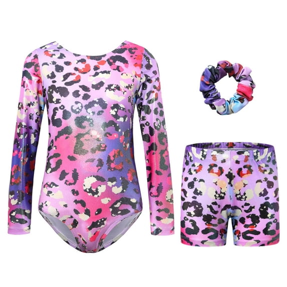 MEZZALL Outfit Sets Kids Girls Long Sleeve Performance Leotard With Glitter Print And Matching Shorts Hair Scrunchie For Dance Gymnastics Stage Boho Children Fashion Clothes Sets