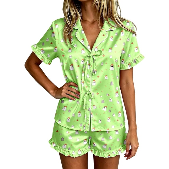 MEZZALL Pajama Sets For Women 2 Piece Comfortable Halloween Home Sleep Lapel Collar Tie Front Ruffle Short Sleeve Tops Elastic Waist Ruffle Shorts Holiday Pjs