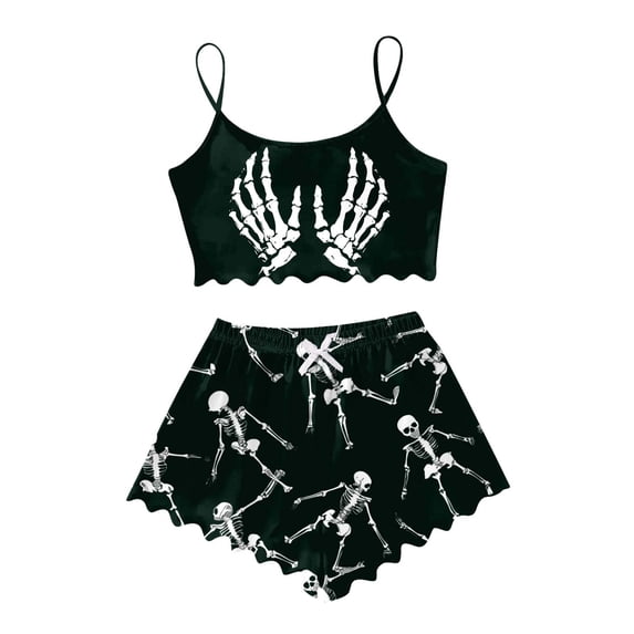 MEZZALL Pajama Sets Women Sleeveless Crop Tank Tops with Elastic Waist Shorts Halloween Skeleton Print Comfortable Home Wear Nightwear