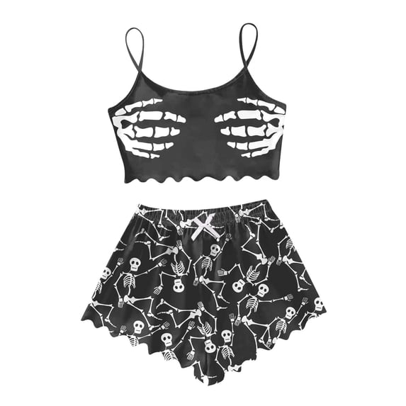 MEZZALL Pajama Sets Women Sleeveless Crop Tank Tops with Elastic Waist Shorts Halloween Skeleton Print Comfortable Home Wear Nightwear