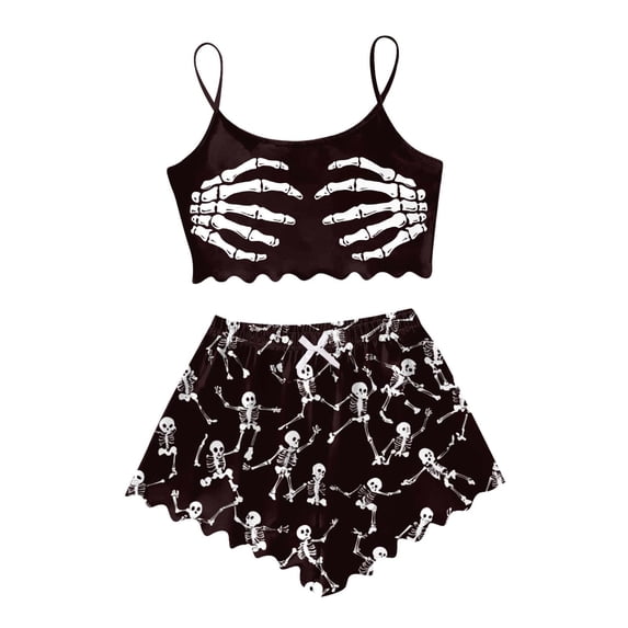 MEZZALL Pajama Sets Women Sleeveless Crop Tank Tops with Elastic Waist Shorts Halloween Skeleton Print Comfortable Home Wear Nightwear