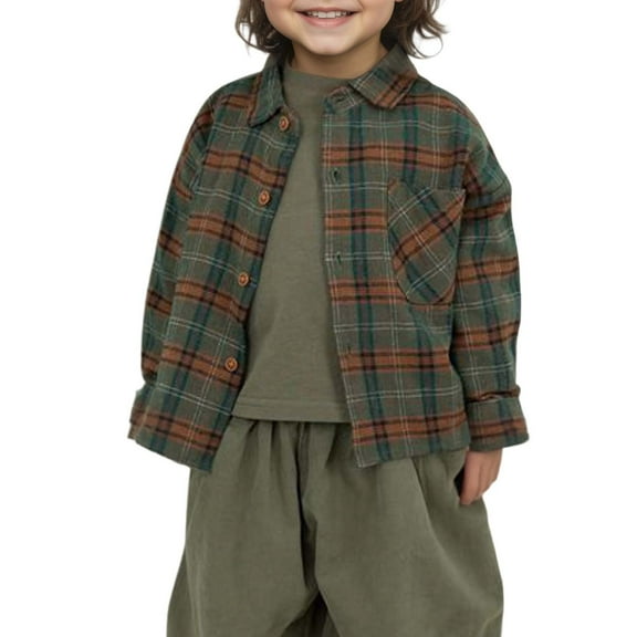 MEZZALL Plaid Autumn Boys Girls And Linen Lapel Tops Shirt Brushed Casual (3Y 8Y) Versatile Toddler Cartoon Clothing