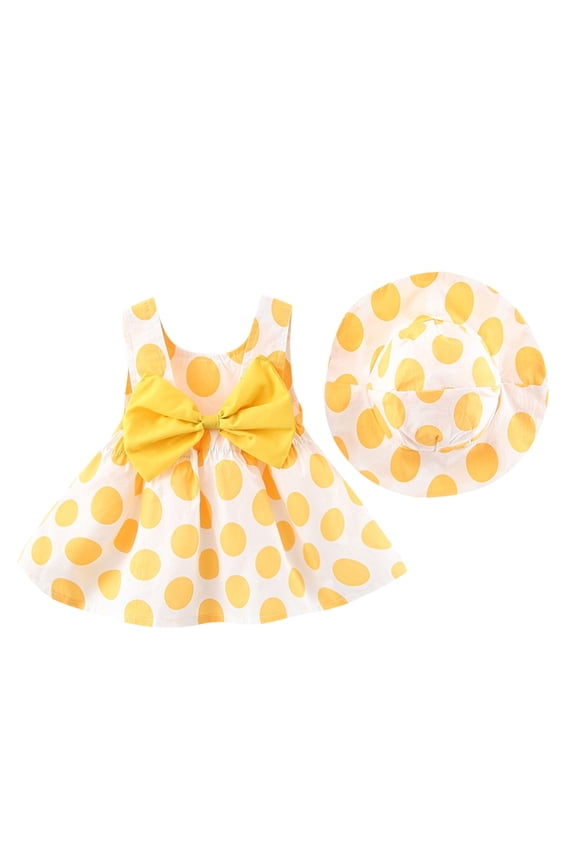 Princess Vacation Dot Girls Beach Sun Set Years Dresses Ruffles Dress Summer Sleeveless Baby Hat Girls Dresses Lovely Sundress, Yellow, 18-24 Months