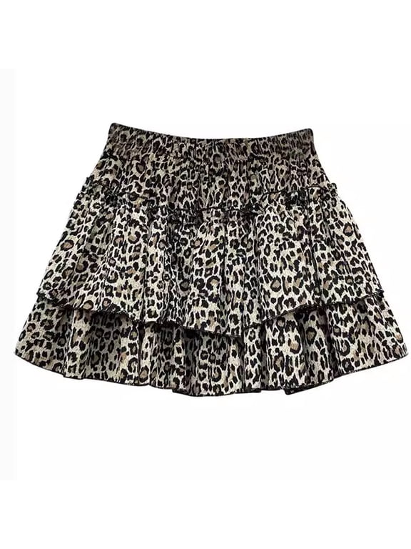 Kids Short Flounces Leopard Skirt, Brown, One Size