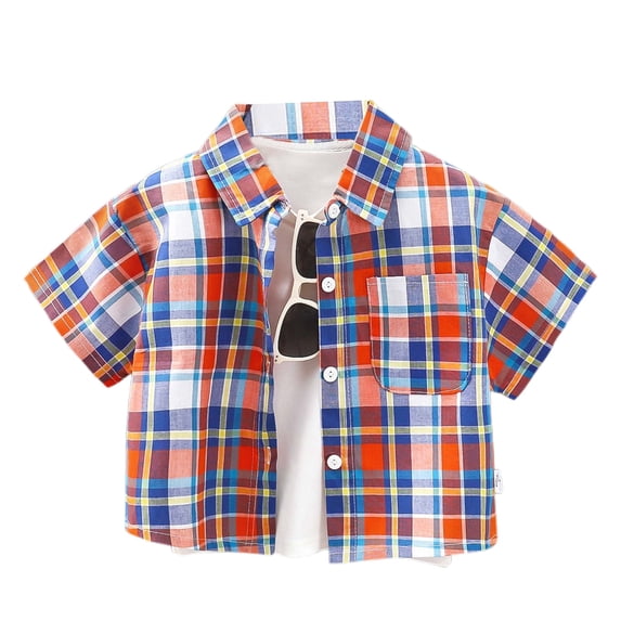 MEZZALL Small And Medium Sized Children's Fashion Shirt With Collared Front Checkered Short Sleeves And Button Fastening. 4-5 Years Versatile Baby Wear