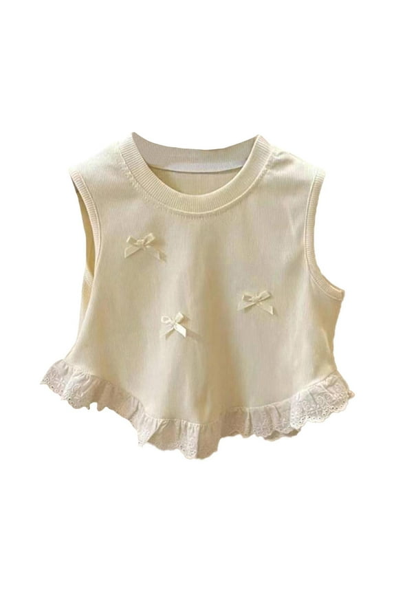 Spring/summer Girls Bow Short Vest Style Baby Lace Lace Patchwork Sleeveless Tops Trend Stylish Toddler Dailywear, White, 5/120