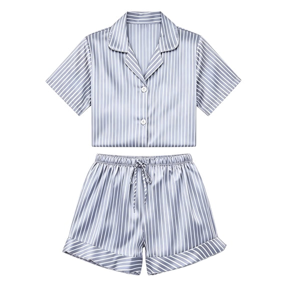 MEZZALL Striped Satin Pajama Set for Women Lapel Collar Short Sleeve Button Up Tops Drawstring Waist Shorts Elegant Home 2 Piece Sleepwear